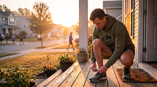 Runner tying his shoes on the porch at sunrise in the Fükitt Military hoodie