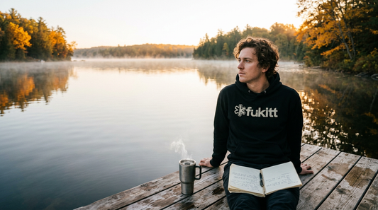 Person in a black Fükitt hoodie sitting on a misty lake dock at sunrise with a notebook and coffee