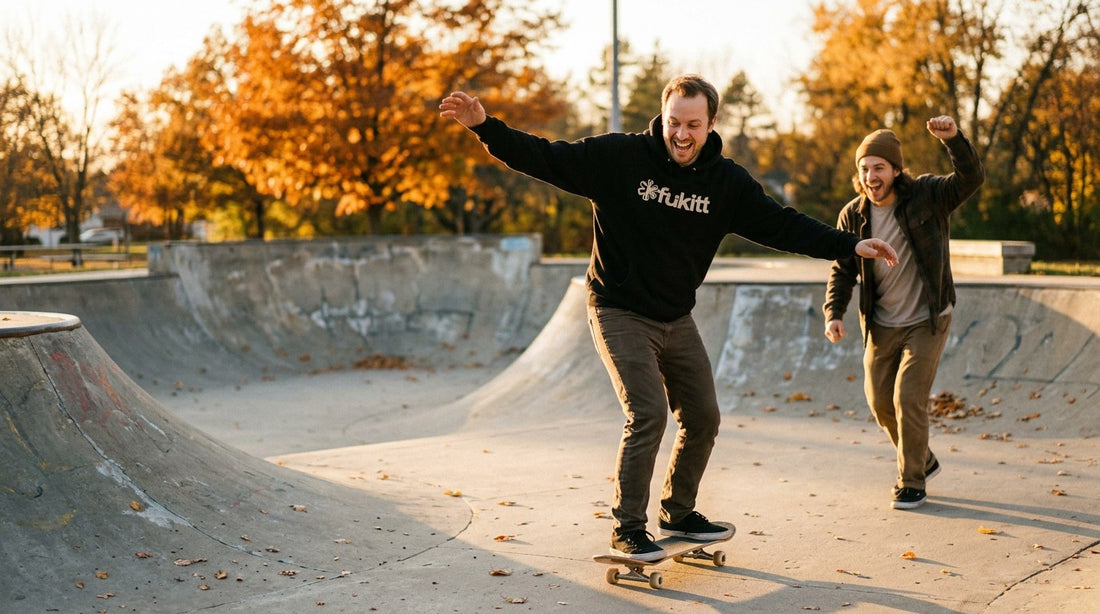 Beginner laughing as he wobbles on a skateboard at a fall skate park while a friend cheers
