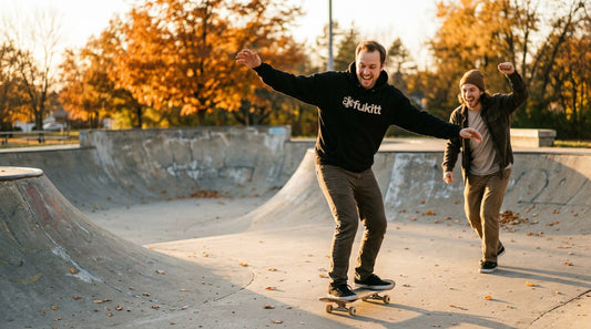 Beginner laughing as he wobbles on a skateboard at a fall skate park while a friend cheers