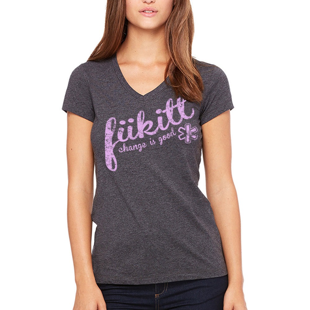 Fukitt Clothing | Change Design on Women's Grey Jersey V-Neck T-Shirt