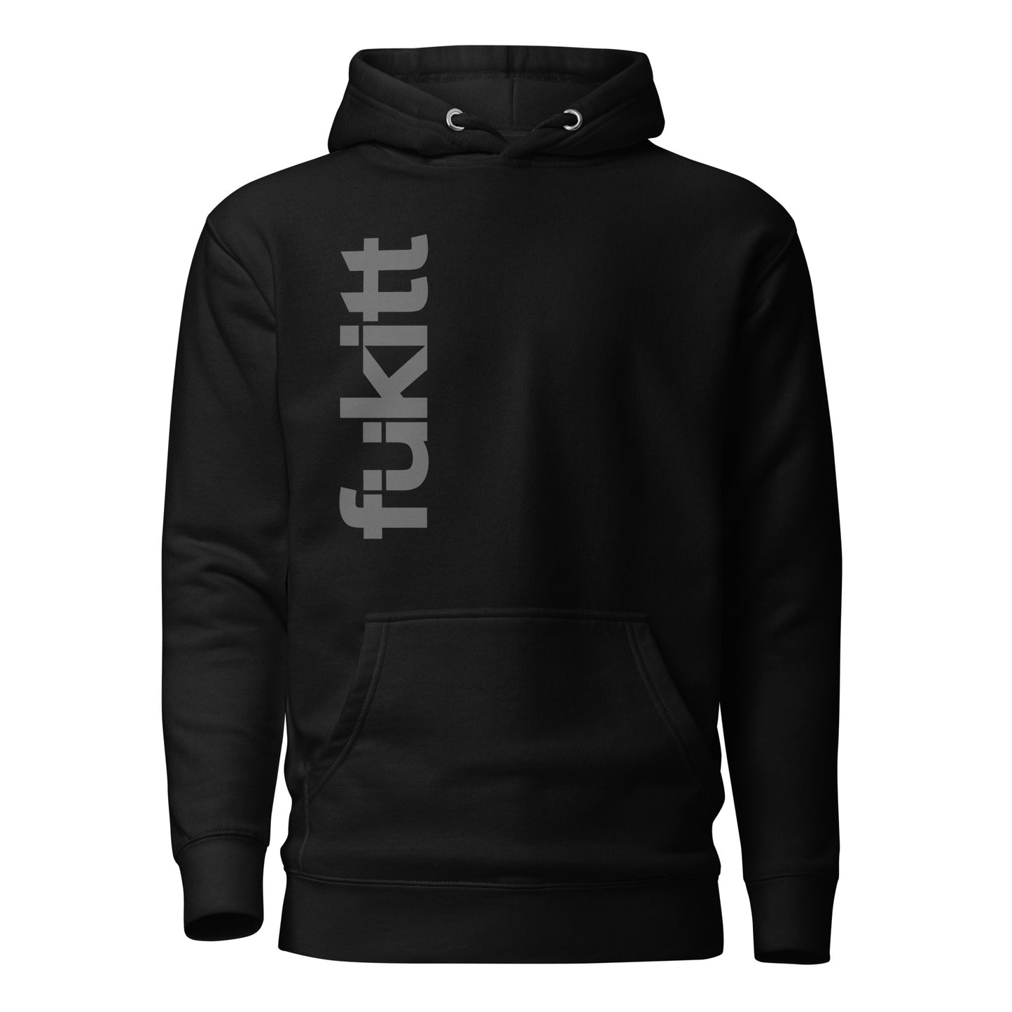 A black hoodie with a vertical grey Fükitt logo on the front.