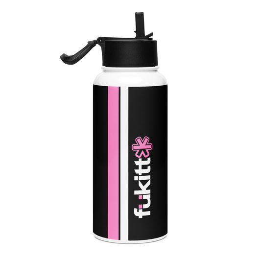 A sleek white Fükitt water bottle with a black and pink logo, featuring a wide-mouth opening and a foldable straw. Perfect for hydration on the go.