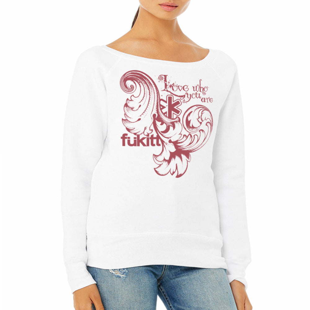 Fukitt Clothing | Feeligree Design on White Wide Neck Sweatshirt