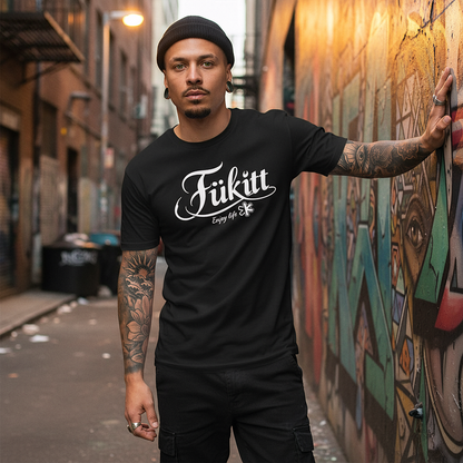 Man wearing a black t-shirt with 'Fukitt' text, standing in an alley with graffiti.