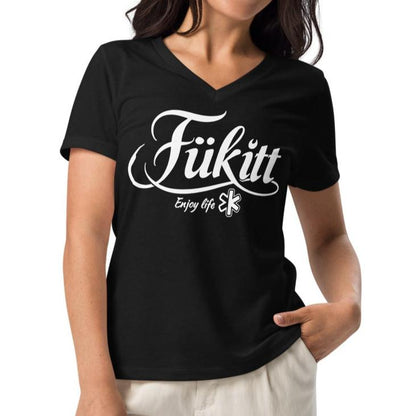 Black V-neck t-shirt with white 'Fükitt' logo and 'Enjoy Life' text for women.