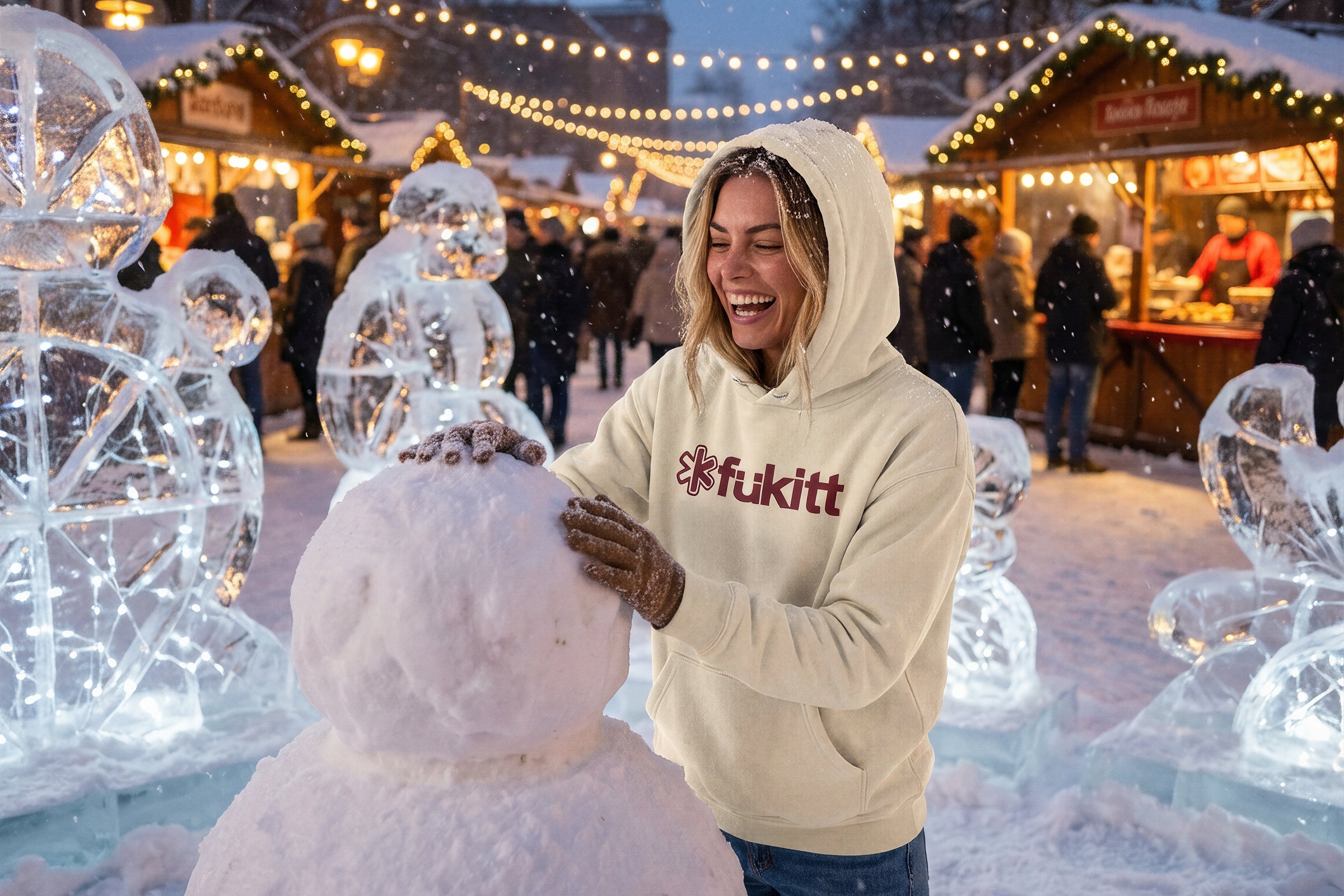 Person in a hoodie with 'fukitt' design building a snowman at a winter market.