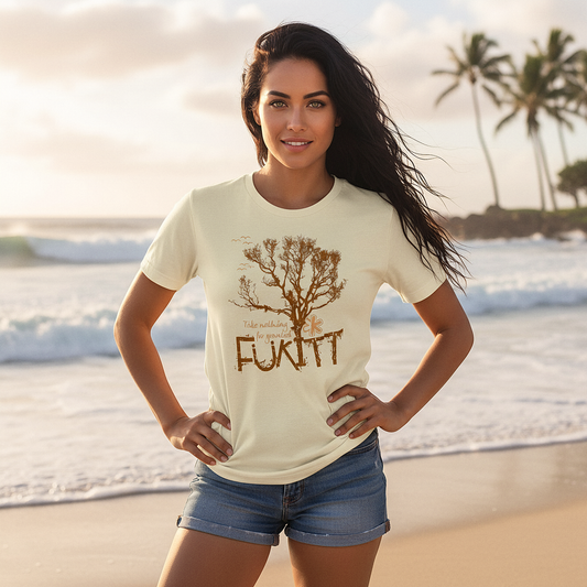 Woman wearing a t-shirt with a tree design and text on a beach