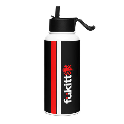 A sleek white Fükitt water bottle with a black and red logo, featuring a wide-mouth opening and a foldable straw. Perfect for hydration on the go.