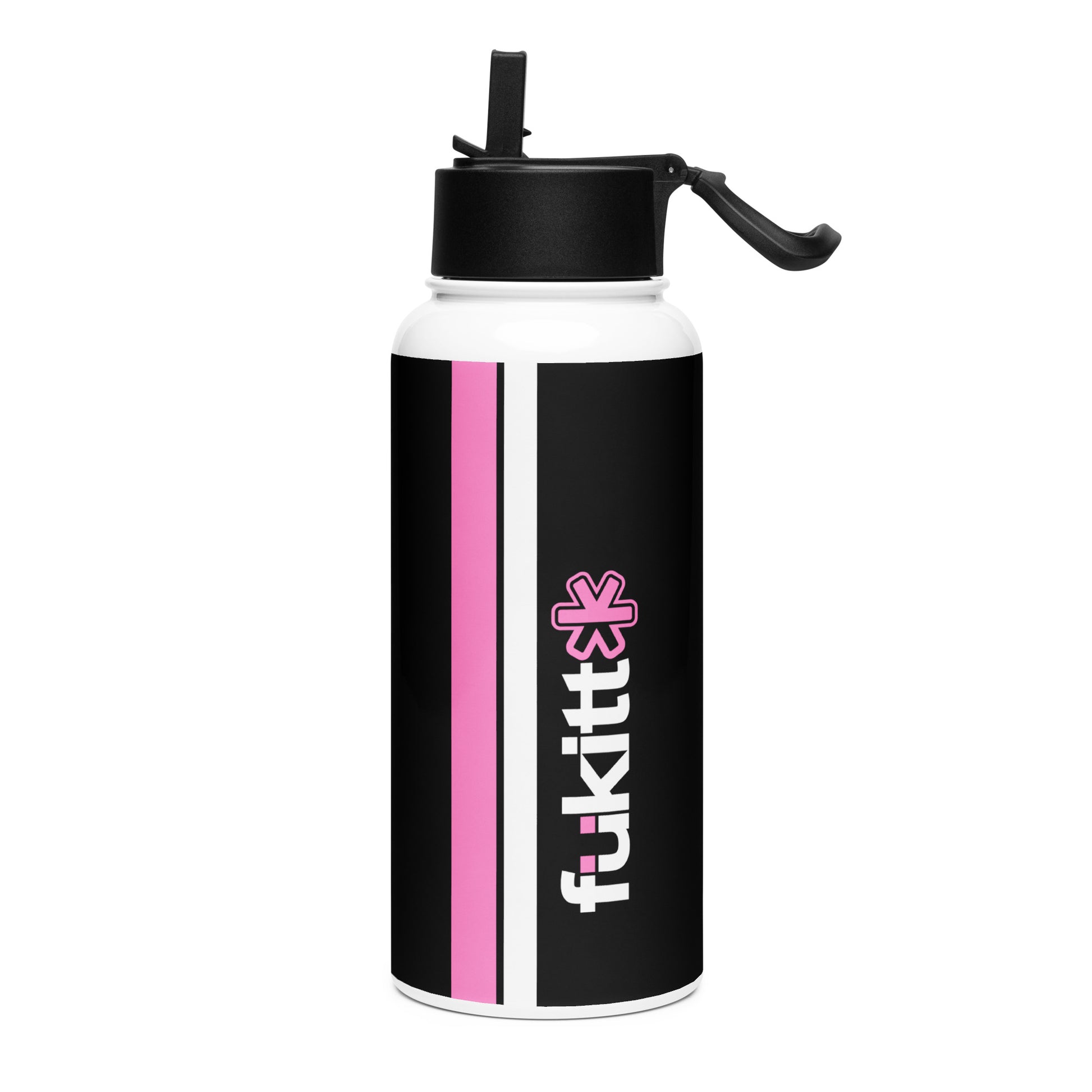 A sleek white Fükitt water bottle with a black and pink logo, featuring a wide-mouth opening and a foldable straw. Perfect for hydration on the go.